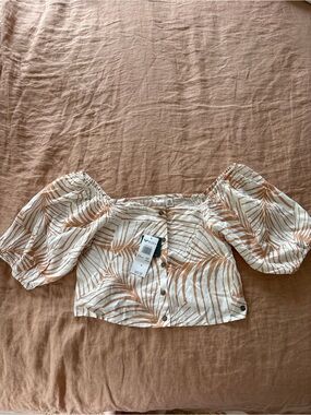 Roxy White and Tan Palm-Print Puff Sleeve Crop Top